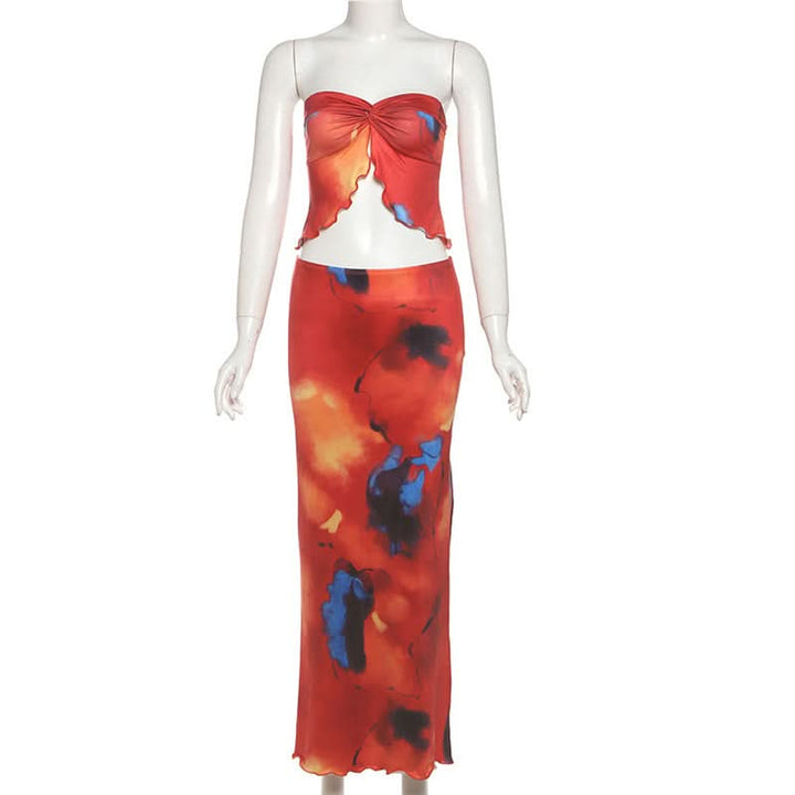 Contrast ruffle slit ruched maxi skirt set  | Festival Outfits Women