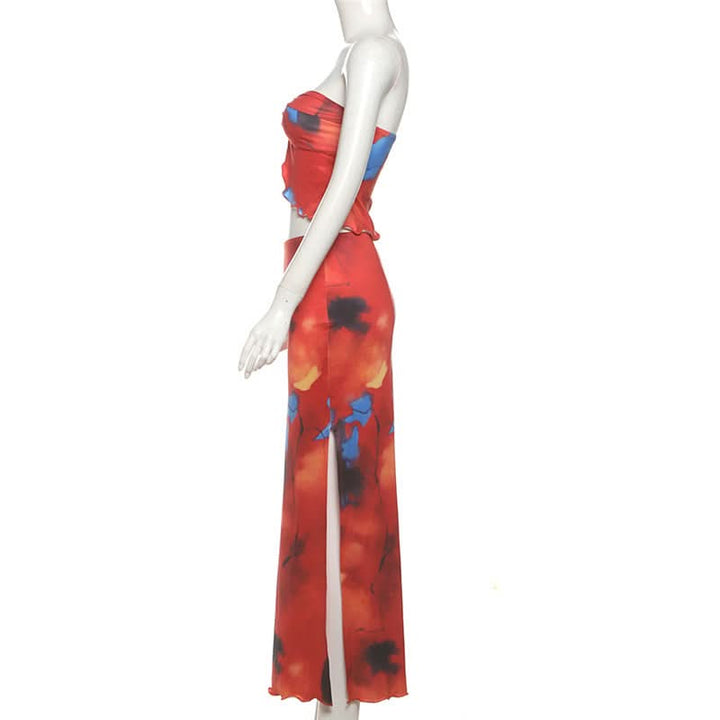 Contrast ruffle slit ruched maxi skirt set  | Festival Outfits Women