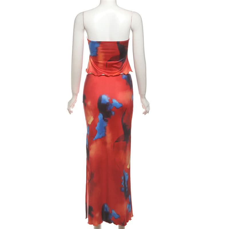 Contrast ruffle slit ruched maxi skirt set  | Festival Outfits Women