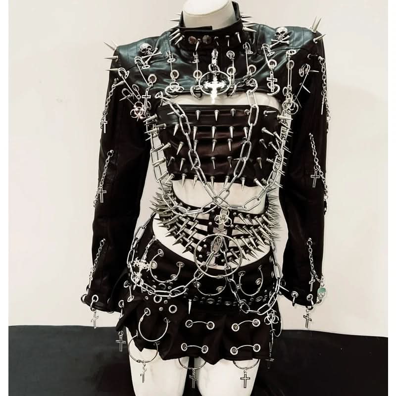 Long sleeve rivet PU leather o ring metal chain belt top  | Festival Outfits Women