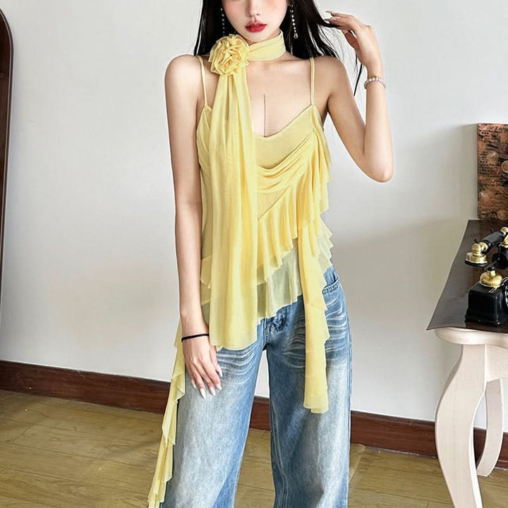 Flower applique ruffle mesh cami top  | Festival Outfits Women-final-sale