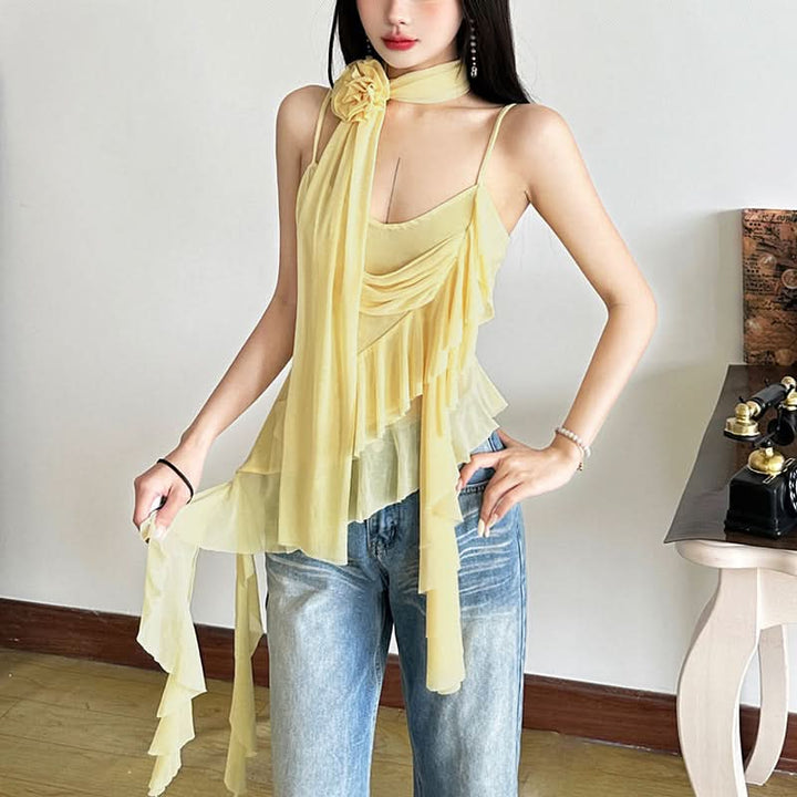 Flower applique ruffle mesh cami top  | Festival Outfits Women-final-sale