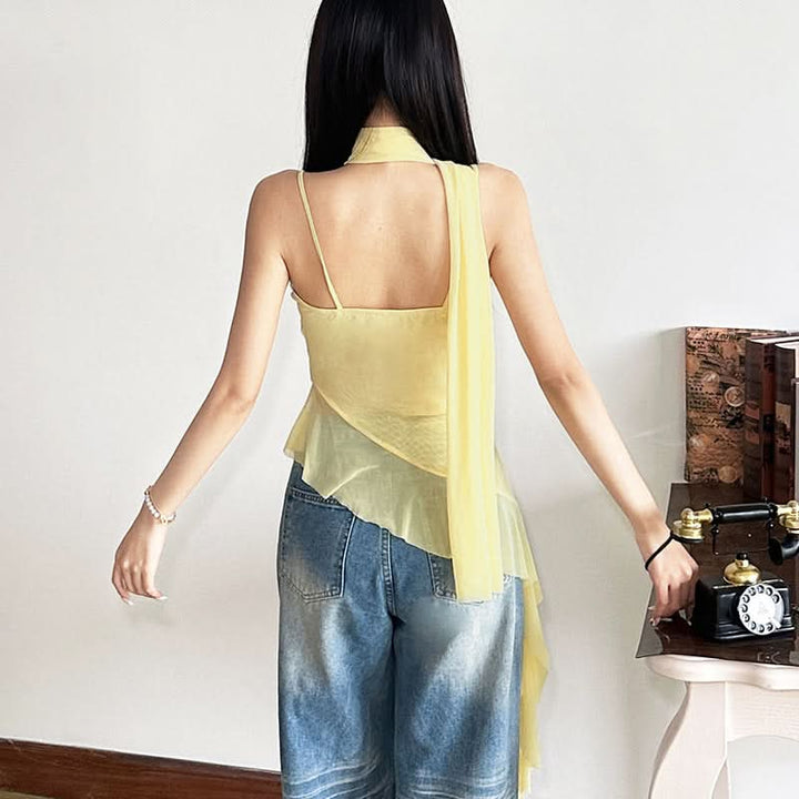 Flower applique ruffle mesh cami top  | Festival Outfits Women-final-sale