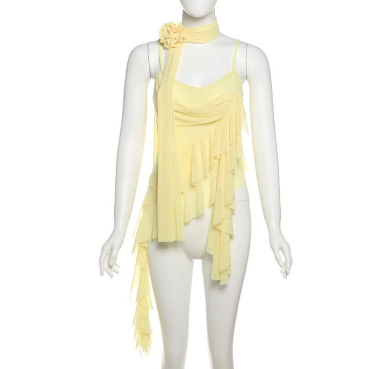 Flower applique ruffle mesh cami top  | Festival Outfits Women-final-sale
