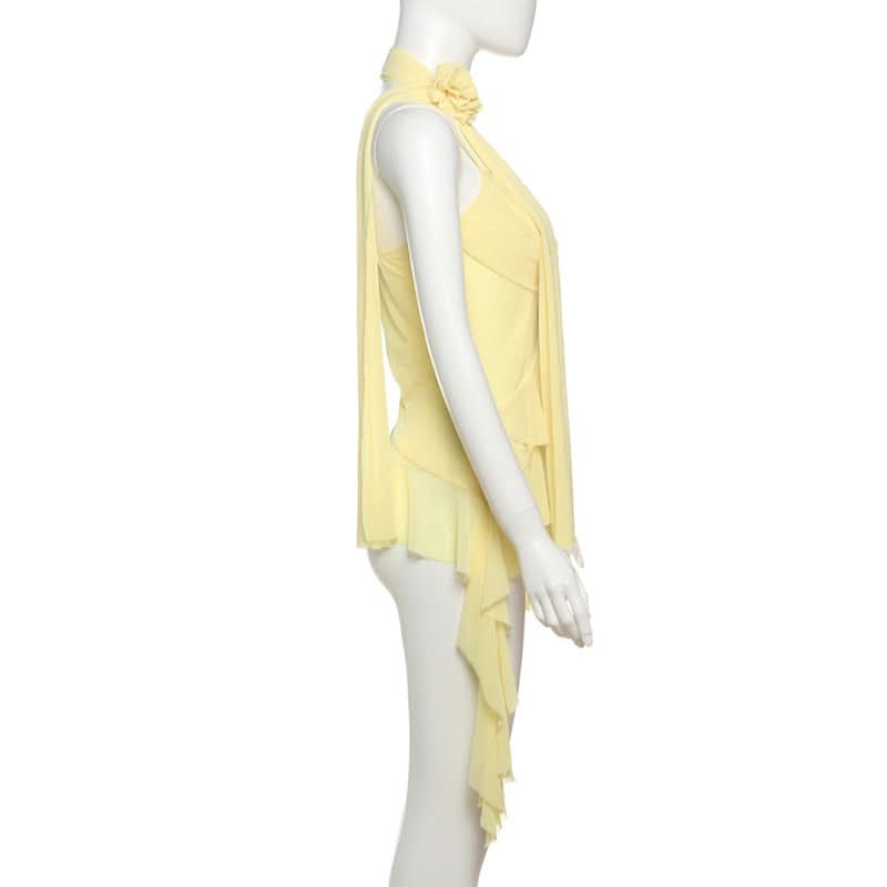 Flower applique ruffle mesh cami top  | Festival Outfits Women-final-sale