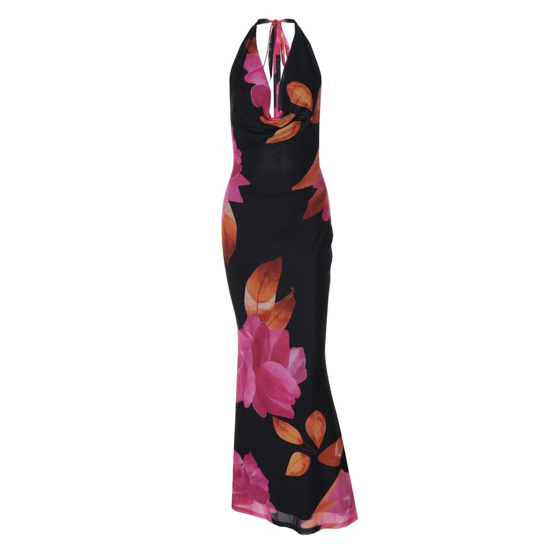 Self tie halter print cowl neck mesh maxi dress  | Festival Outfits Women