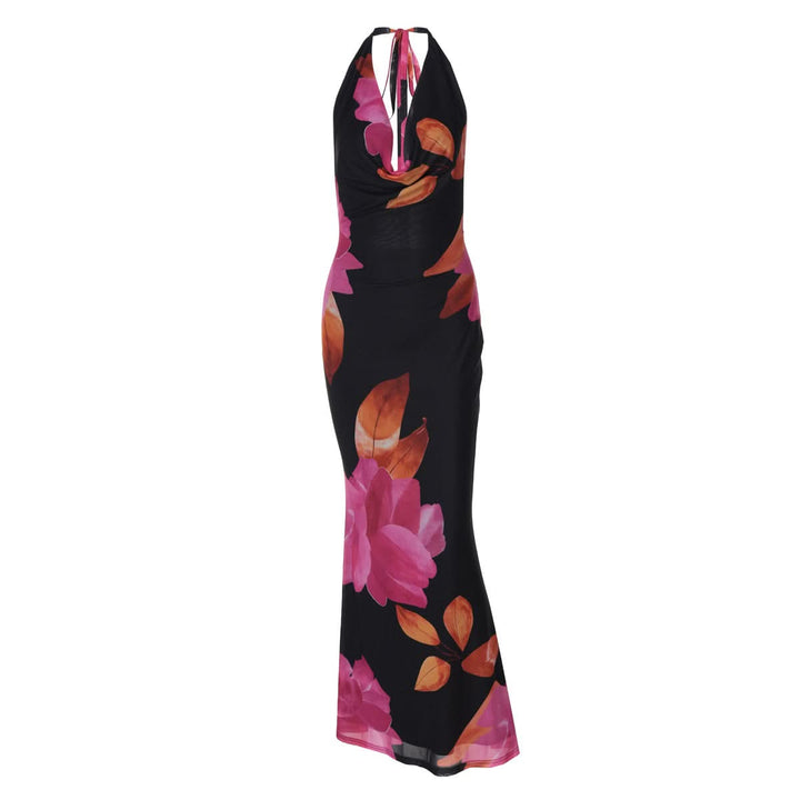 Self tie halter print cowl neck mesh maxi dress  | Festival Outfits Women