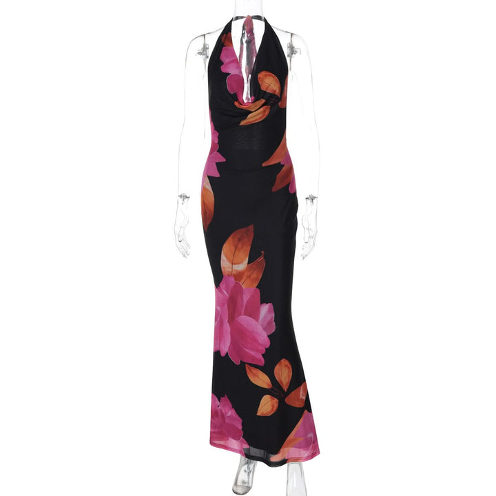 Self tie halter print cowl neck mesh maxi dress  | Festival Outfits Women