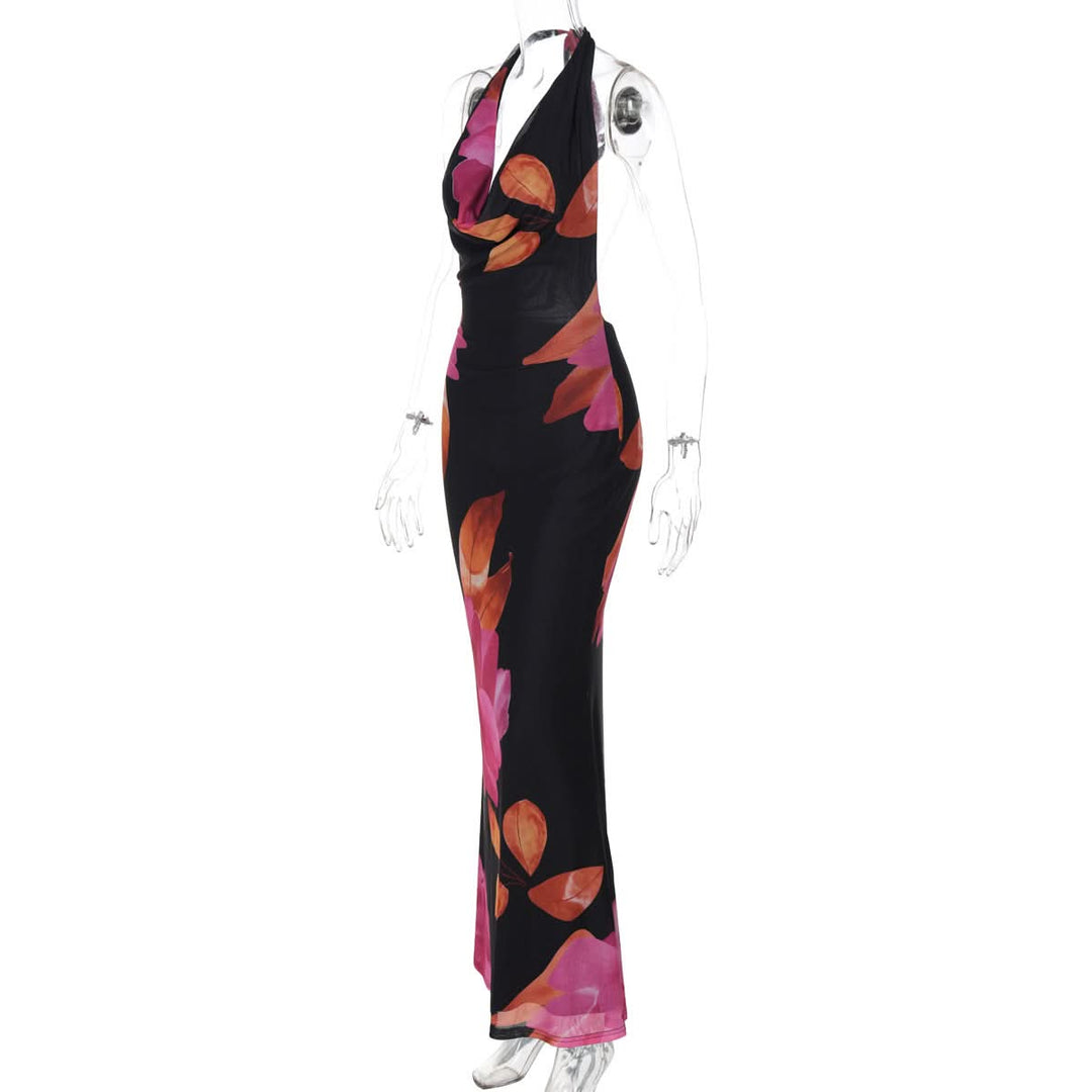 Self tie halter print cowl neck mesh maxi dress  | Festival Outfits Women