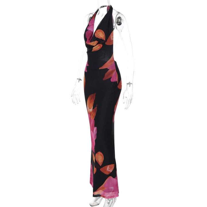 Self tie halter print cowl neck mesh maxi dress  | Festival Outfits Women