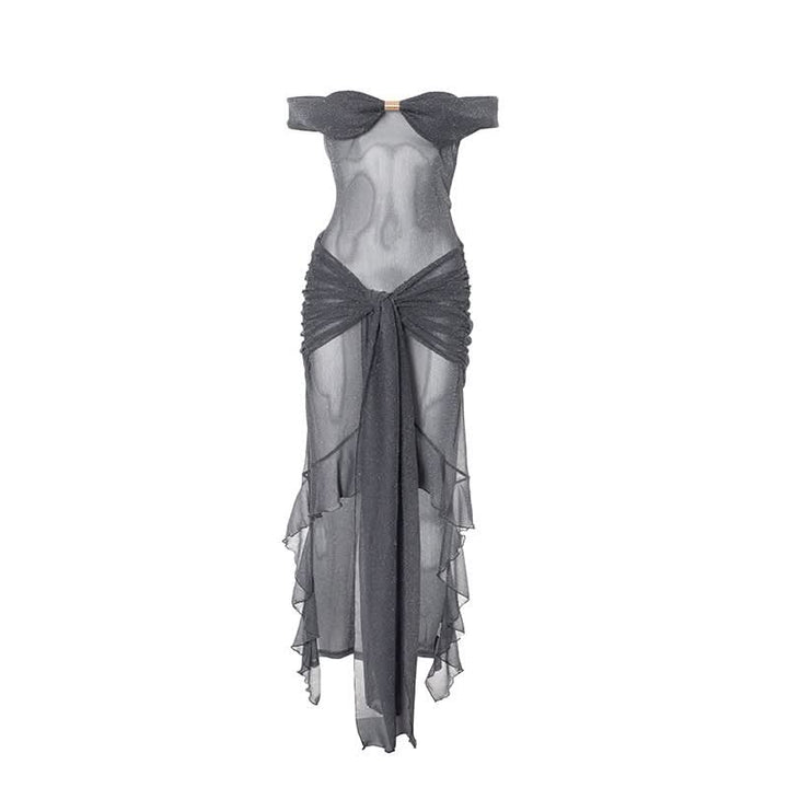 Ruched off shoulder lace up ruffle tube midi dress  | Festival Outfits Women-final-sale