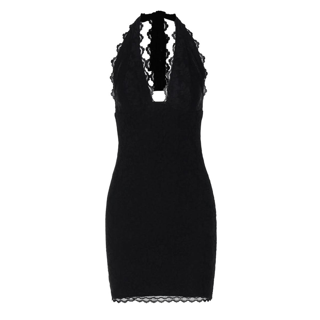 Halter self tie lace hem v neck mini dress  | Festival Outfits Women