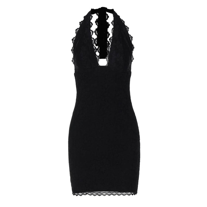 Halter self tie lace hem v neck mini dress  | Festival Outfits Women