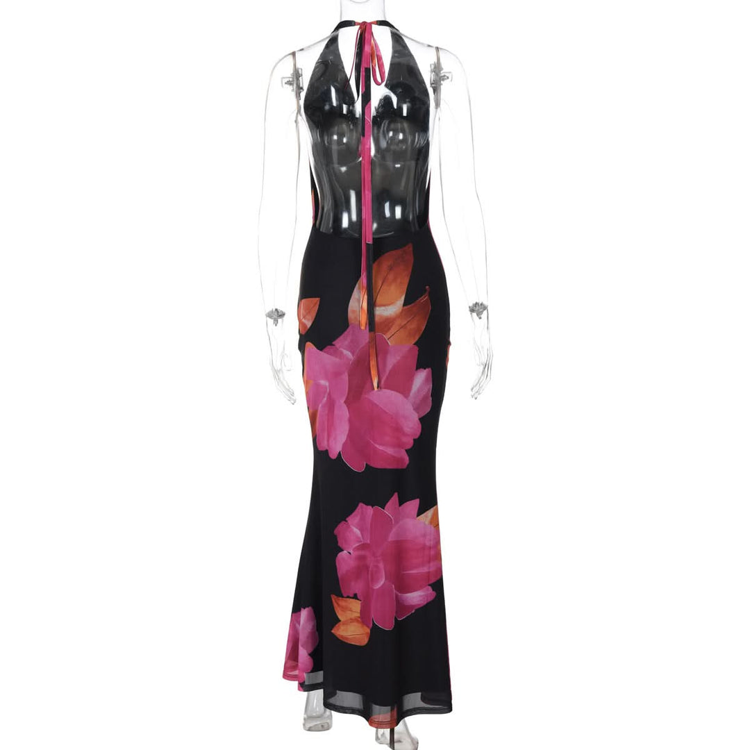 Self tie halter print cowl neck mesh maxi dress  | Festival Outfits Women
