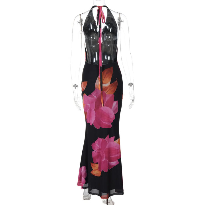 Self tie halter print cowl neck mesh maxi dress  | Festival Outfits Women