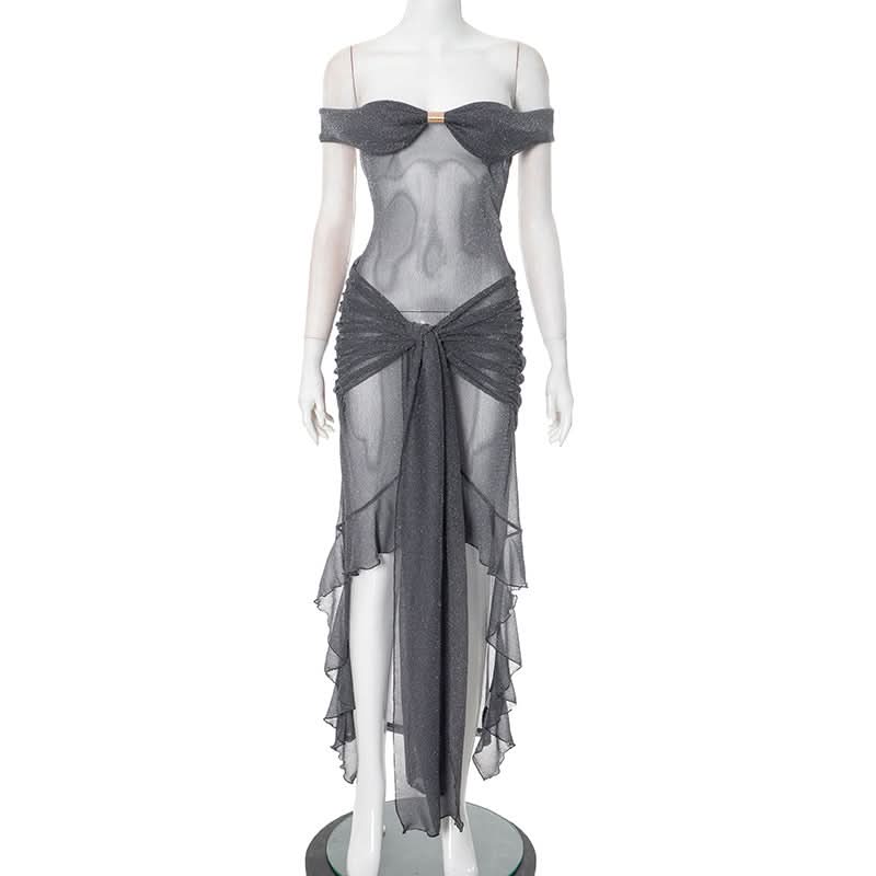 Ruched off shoulder lace up ruffle tube midi dress  | Festival Outfits Women-final-sale