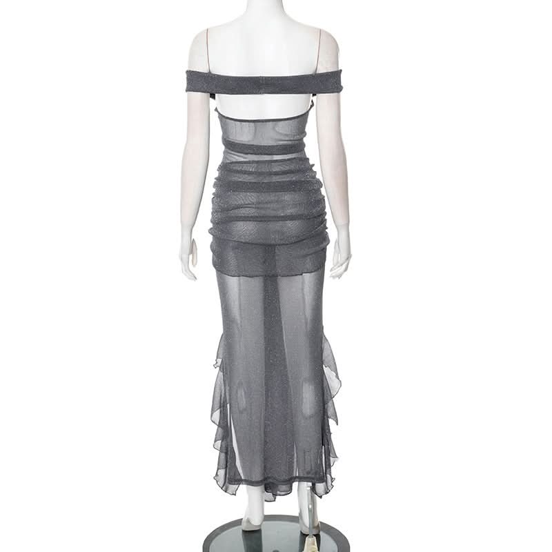 Ruched off shoulder lace up ruffle tube midi dress  | Festival Outfits Women-final-sale