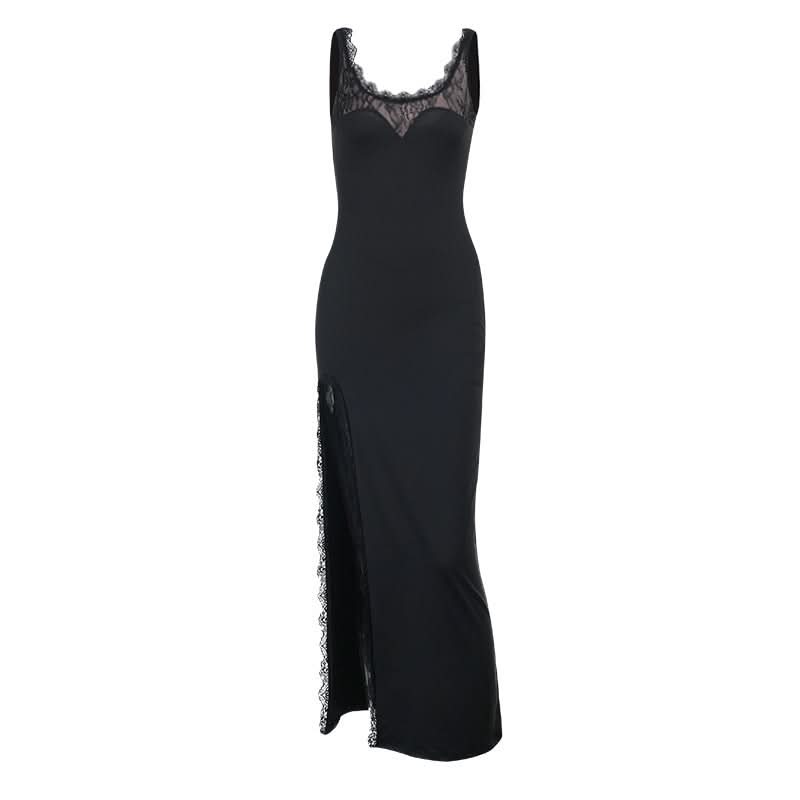 Lace hem u neck slit backless cami maxi dress  | Festival Outfits Women