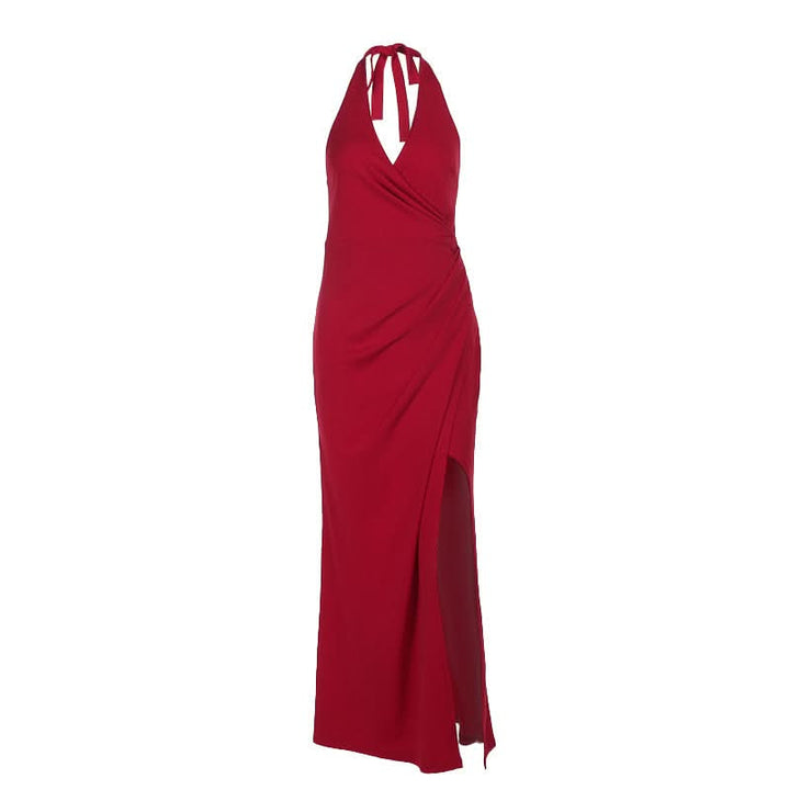 V neck halter self tie slit ruched maxi dress  | Festival Outfits Women
