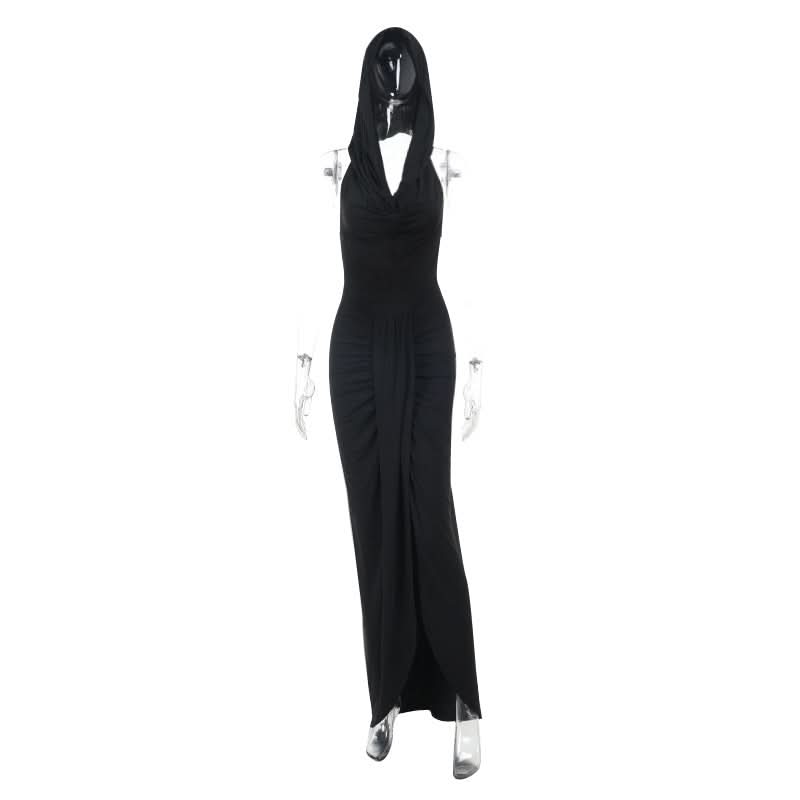 Hoodie ruched slit cowl neck solid maxi dress  | Festival Outfits Women