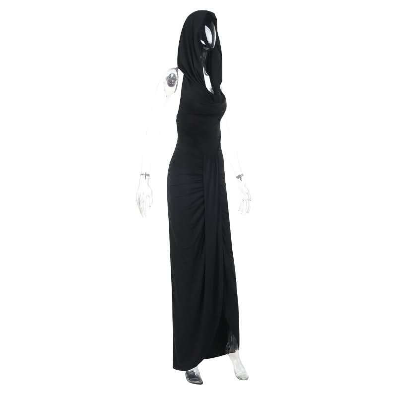 Hoodie ruched slit cowl neck solid maxi dress  | Festival Outfits Women