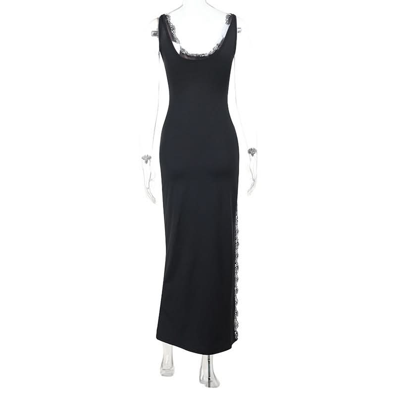 Lace hem u neck slit backless cami maxi dress  | Festival Outfits Women
