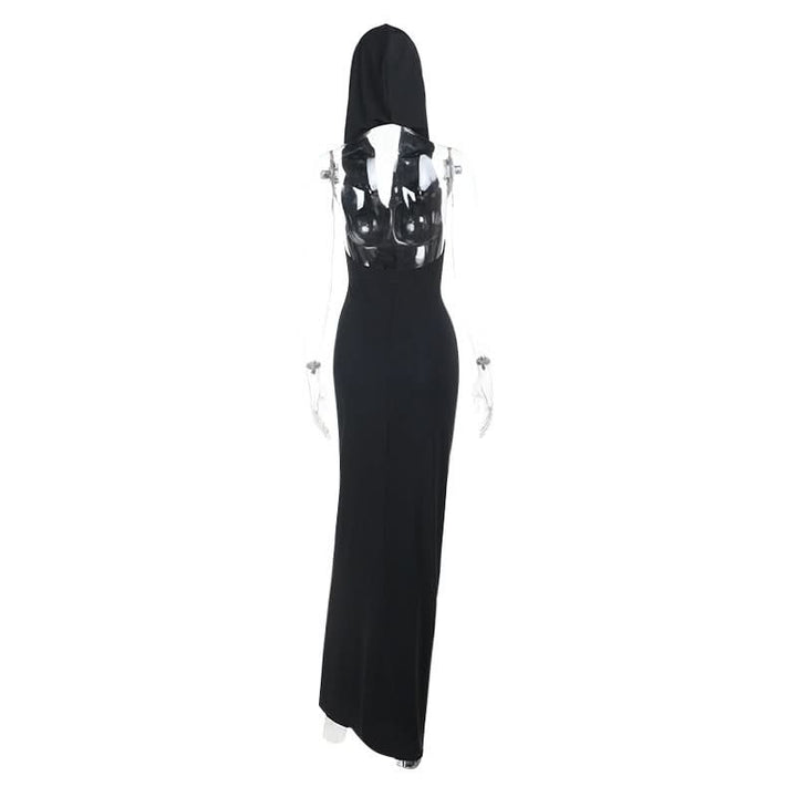 Hoodie ruched slit cowl neck solid maxi dress  | Festival Outfits Women