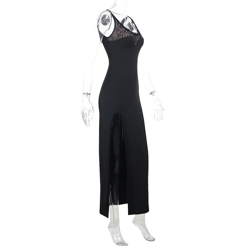 Lace hem u neck slit backless cami maxi dress  | Festival Outfits Women