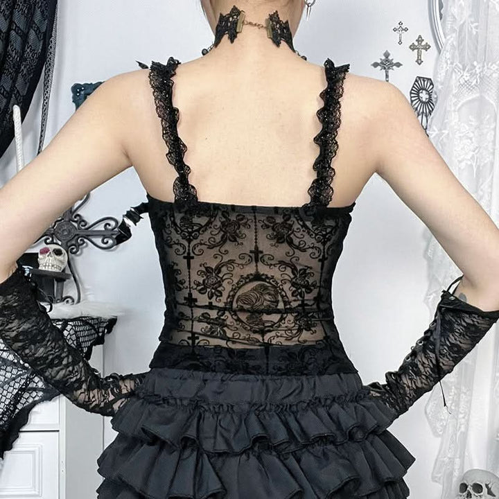 Lace hem v neck bowknot print cami top  | Festival Outfits Women