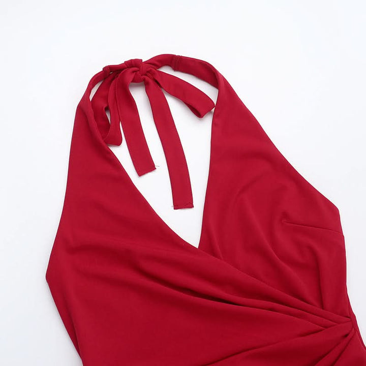 V neck halter self tie slit ruched maxi dress  | Festival Outfits Women