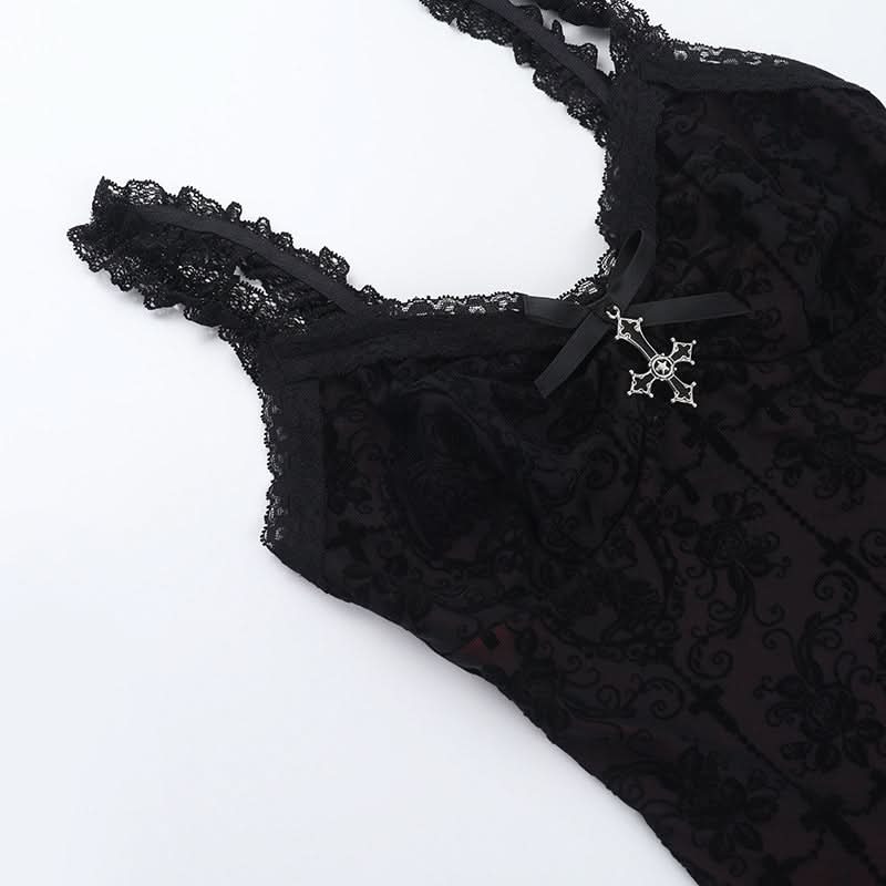 Lace hem v neck bowknot print cami top  | Festival Outfits Women