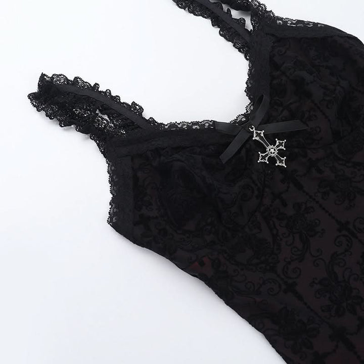 Lace hem v neck bowknot print cami top  | Festival Outfits Women