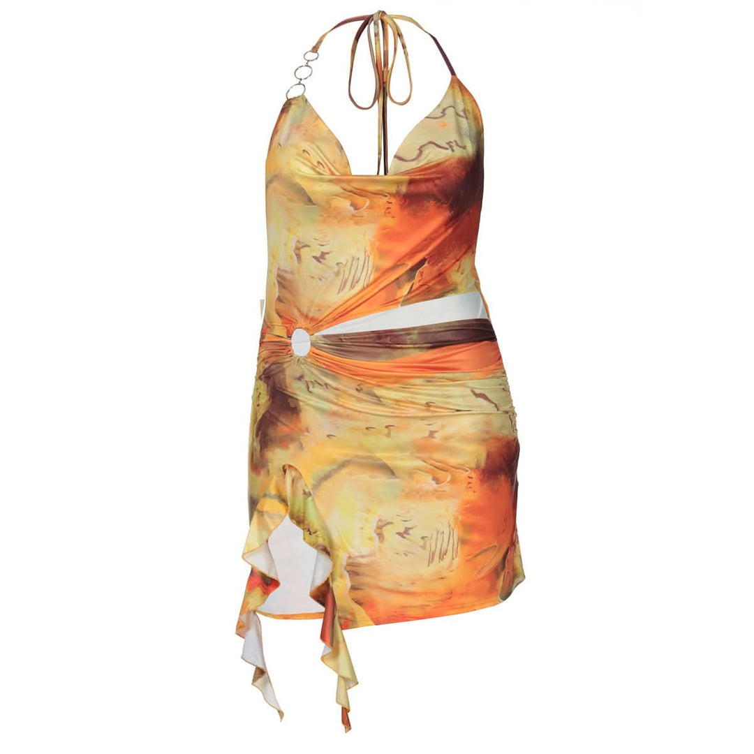 Cowl neck o ring halter self tie print mini dress  | Festival Outfits Women