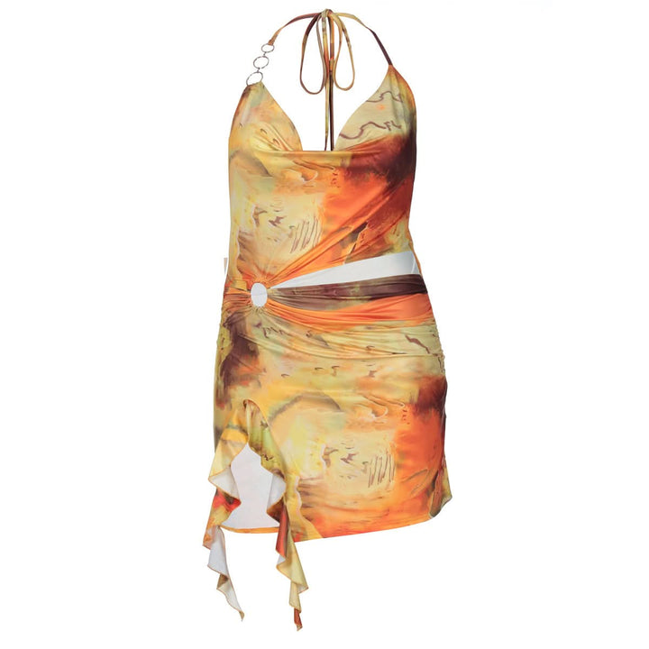 Cowl neck o ring halter self tie print mini dress  | Festival Outfits Women