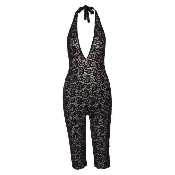 Halter self tie v neck lace backless romper  | Festival Outfits Women