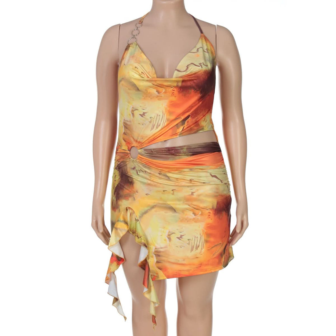 Cowl neck o ring halter self tie print mini dress  | Festival Outfits Women