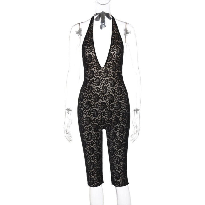 Halter self tie v neck lace backless romper  | Festival Outfits Women