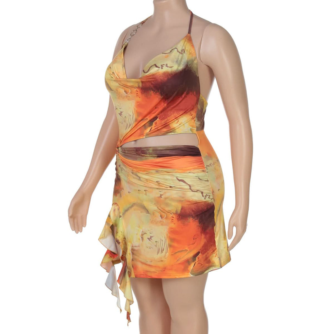 Cowl neck o ring halter self tie print mini dress  | Festival Outfits Women