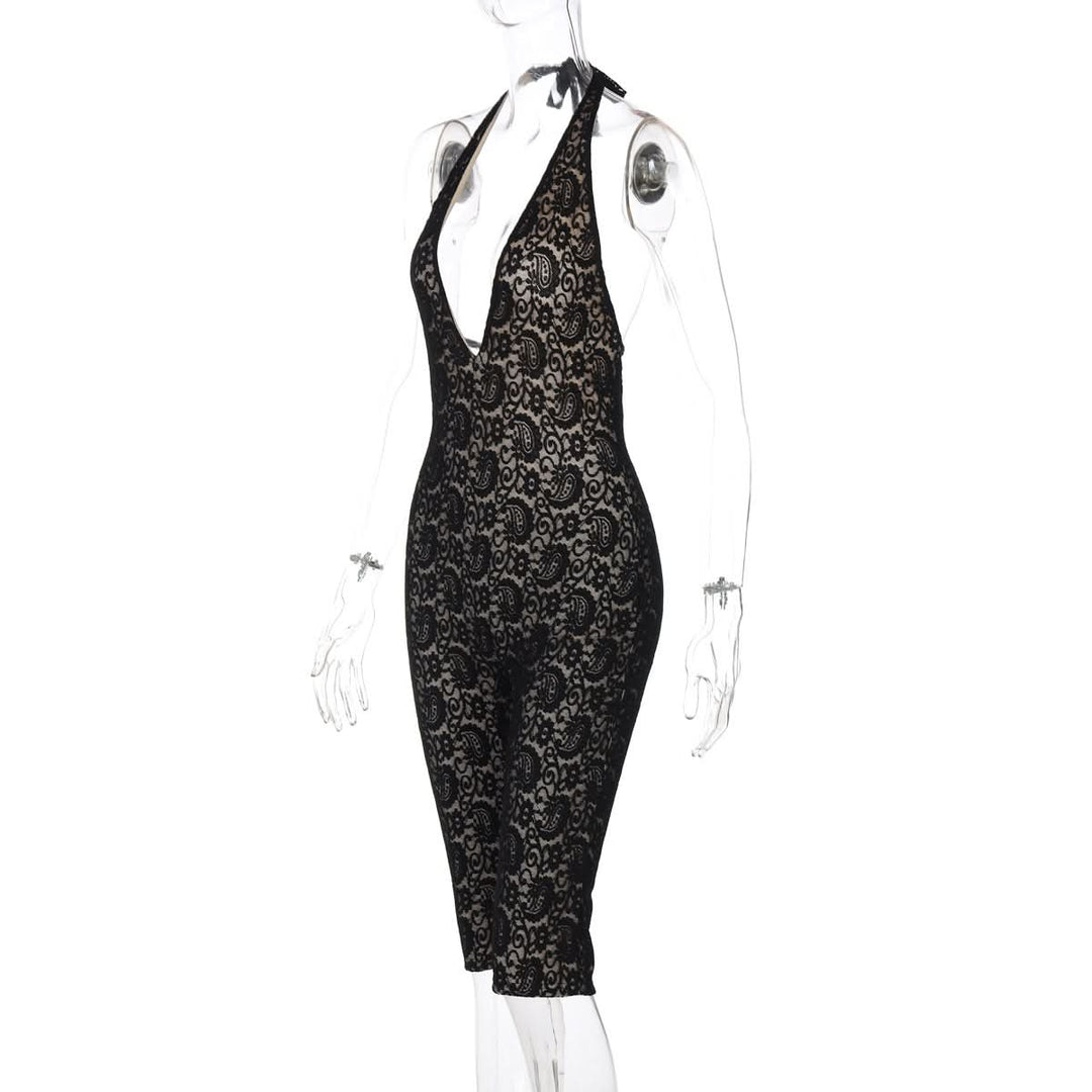 Halter self tie v neck lace backless romper  | Festival Outfits Women