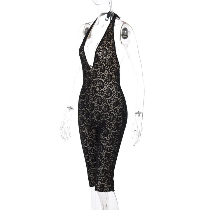 Halter self tie v neck lace backless romper  | Festival Outfits Women