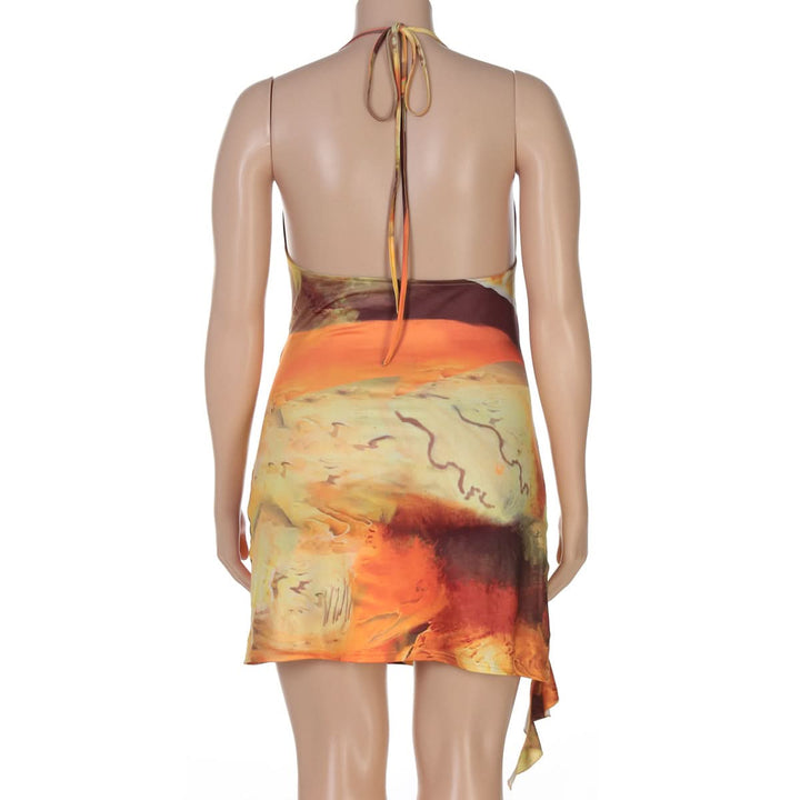 Cowl neck o ring halter self tie print mini dress  | Festival Outfits Women