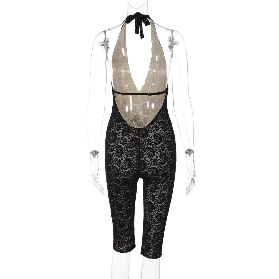 Halter self tie v neck lace backless romper  | Festival Outfits Women