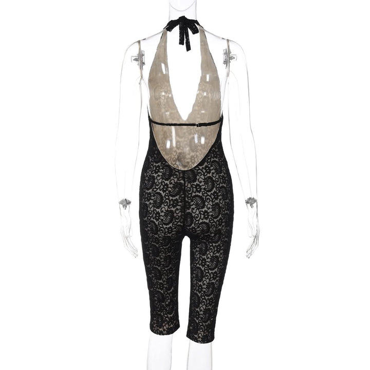 Halter self tie v neck lace backless romper  | Festival Outfits Women