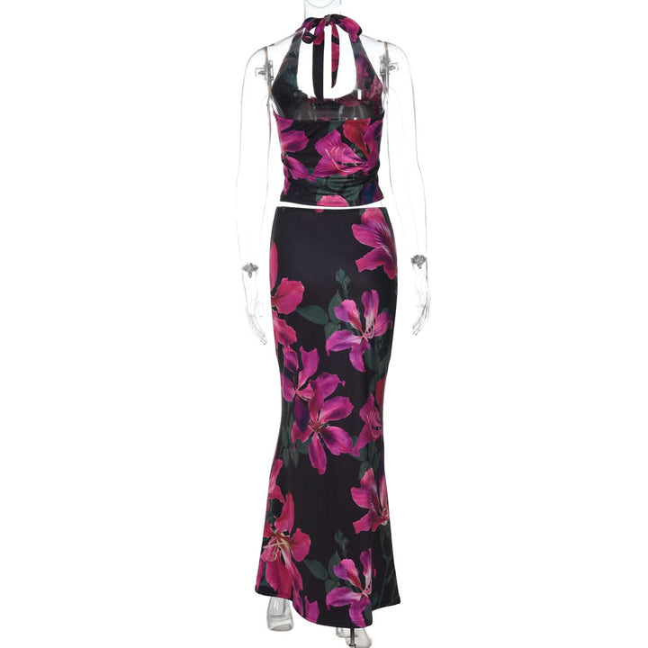 Halter self tie u neck flower print maxi skirt set  | Festival Outfits Women