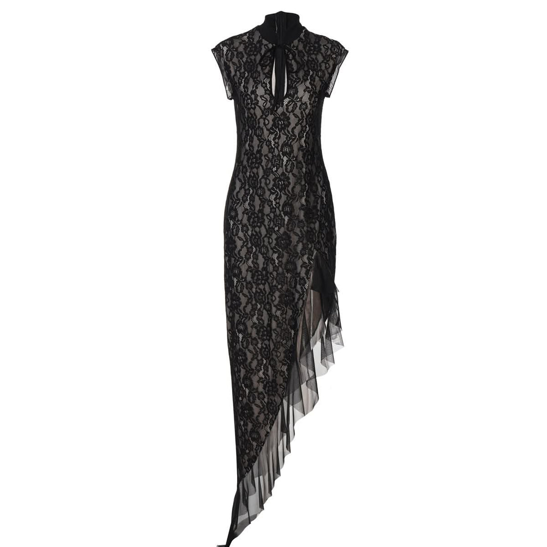 Irregular hollow out self tie zip-up lace cut out midi dress  | Festival Outfits Women