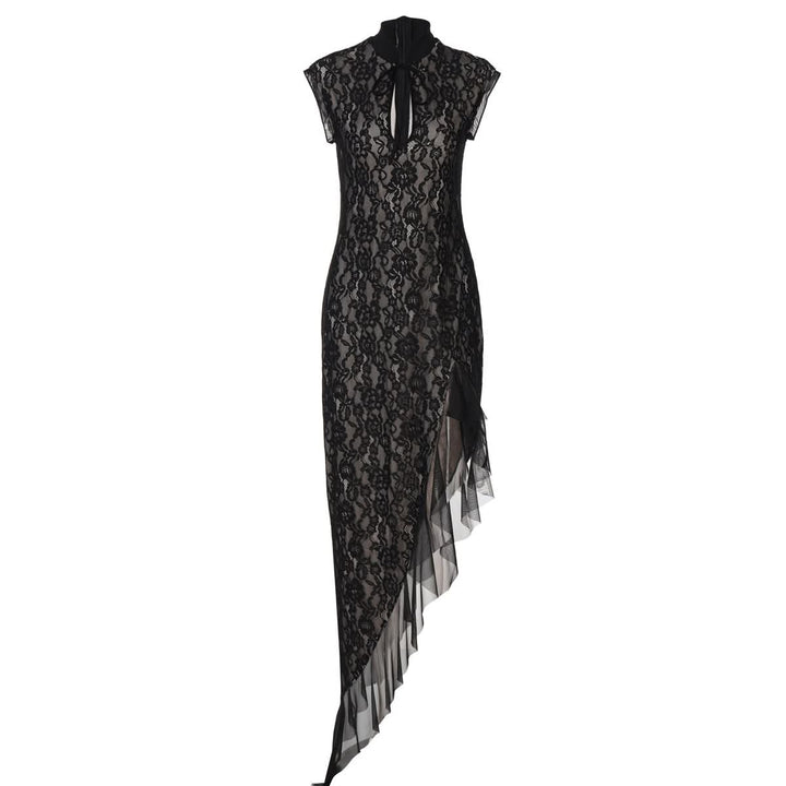 Irregular hollow out self tie zip-up lace cut out midi dress  | Festival Outfits Women