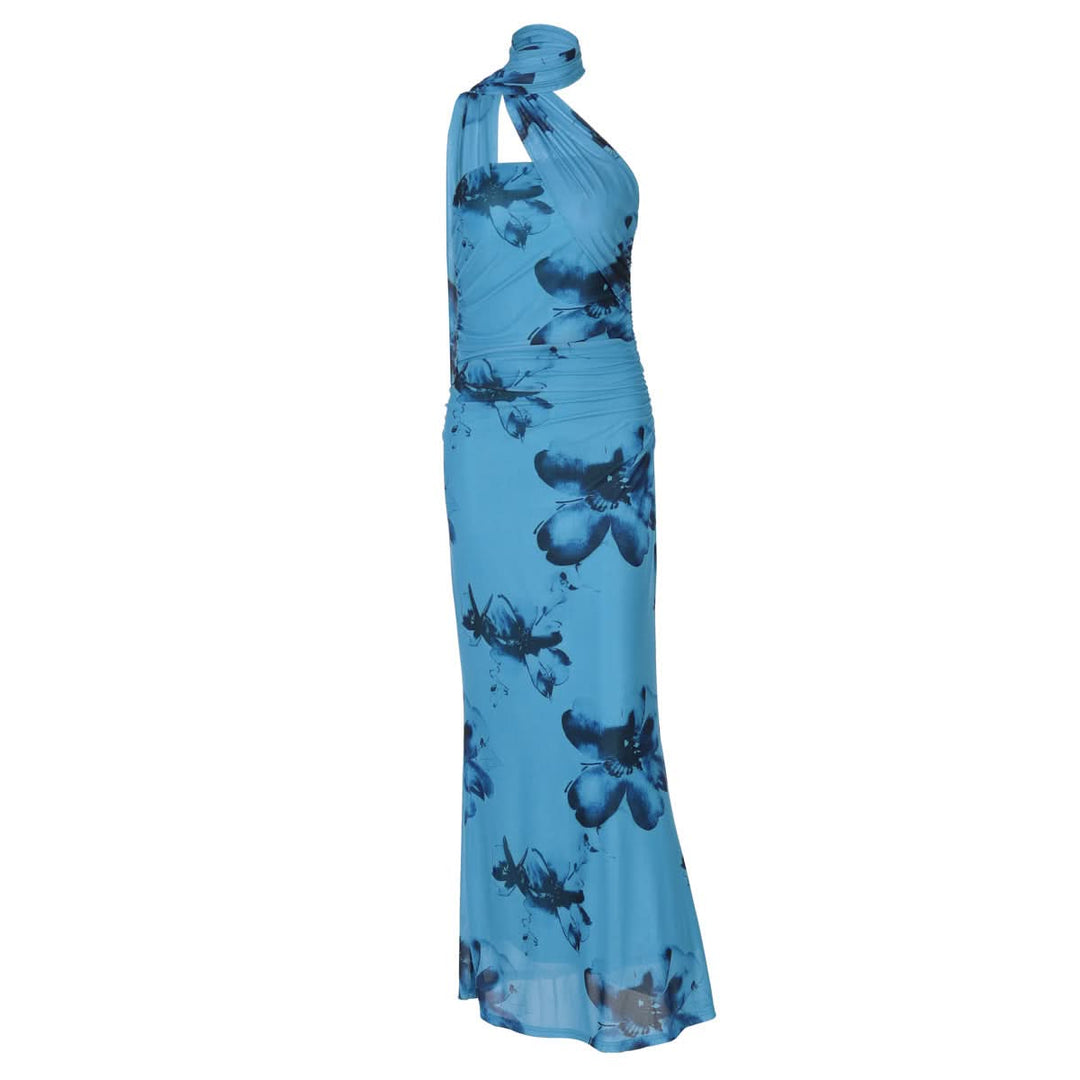 Halter ruched print irregular maxi dress  | Festival Outfits Women-final-sale