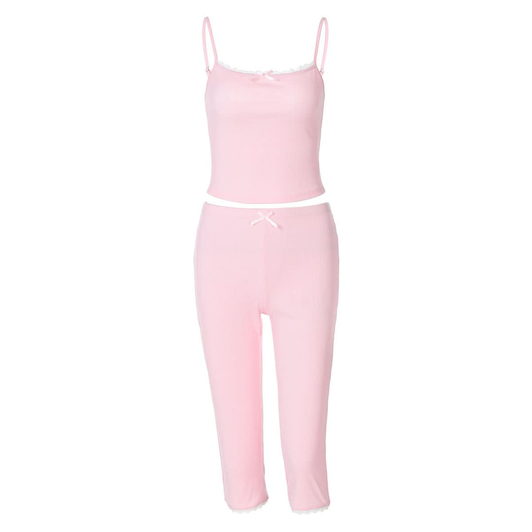 Lace hem bowknot ribbed u neck cami pant set  | Festival Outfits Women