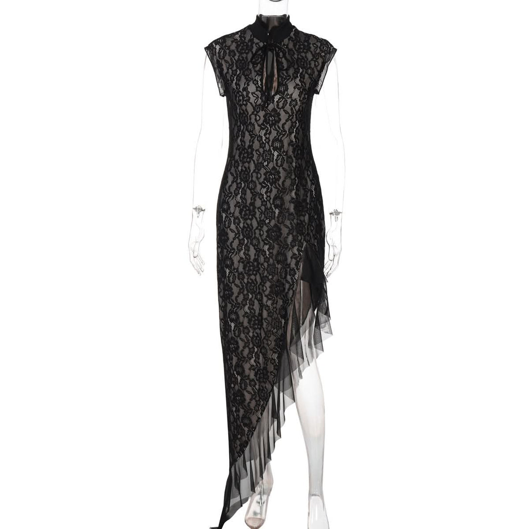 Irregular hollow out self tie zip-up lace cut out midi dress  | Festival Outfits Women