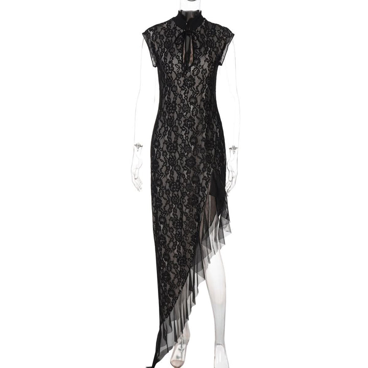 Irregular hollow out self tie zip-up lace cut out midi dress  | Festival Outfits Women
